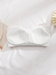 SHEIN 女款純色鈕扣式聚攏罩杯休閒日常無肩帶內衣 - 白色 - 查看 6