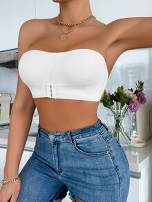 SHEIN 女款純色鈕扣式聚攏罩杯休閒日常無肩帶內衣 - 白色 - 查看 4