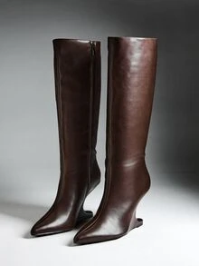 Denimoi Ladies Glamorous Sexy Point Toe Side Zipper Structural Heel Knee-High Boots - Chocolate Brown - View 4