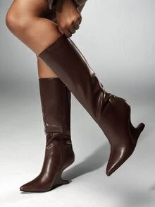 Denimoi Ladies Glamorous Sexy Point Toe Side Zipper Structural Heel Knee-High Boots - Chocolate Brown - View 5