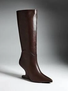 Denimoi Ladies Glamorous Sexy Point Toe Side Zipper Structural Heel Knee-High Boots - Chocolate Brown - View 3