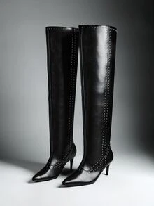 Denimoi Women's Pointed Toe Fashion Daily Wear High Heel Over-The-Knee Boots - Black - View 3