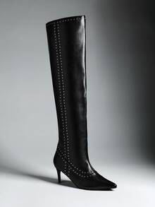 Denimoi Women's Pointed Toe Fashion Daily Wear High Heel Over-The-Knee Boots - Black - View 4