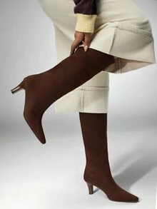 Denimoi Women's Casual Comfy Sexy Point Toe Kitten Heel Knee-High Boots - Coffee Brown - View 1