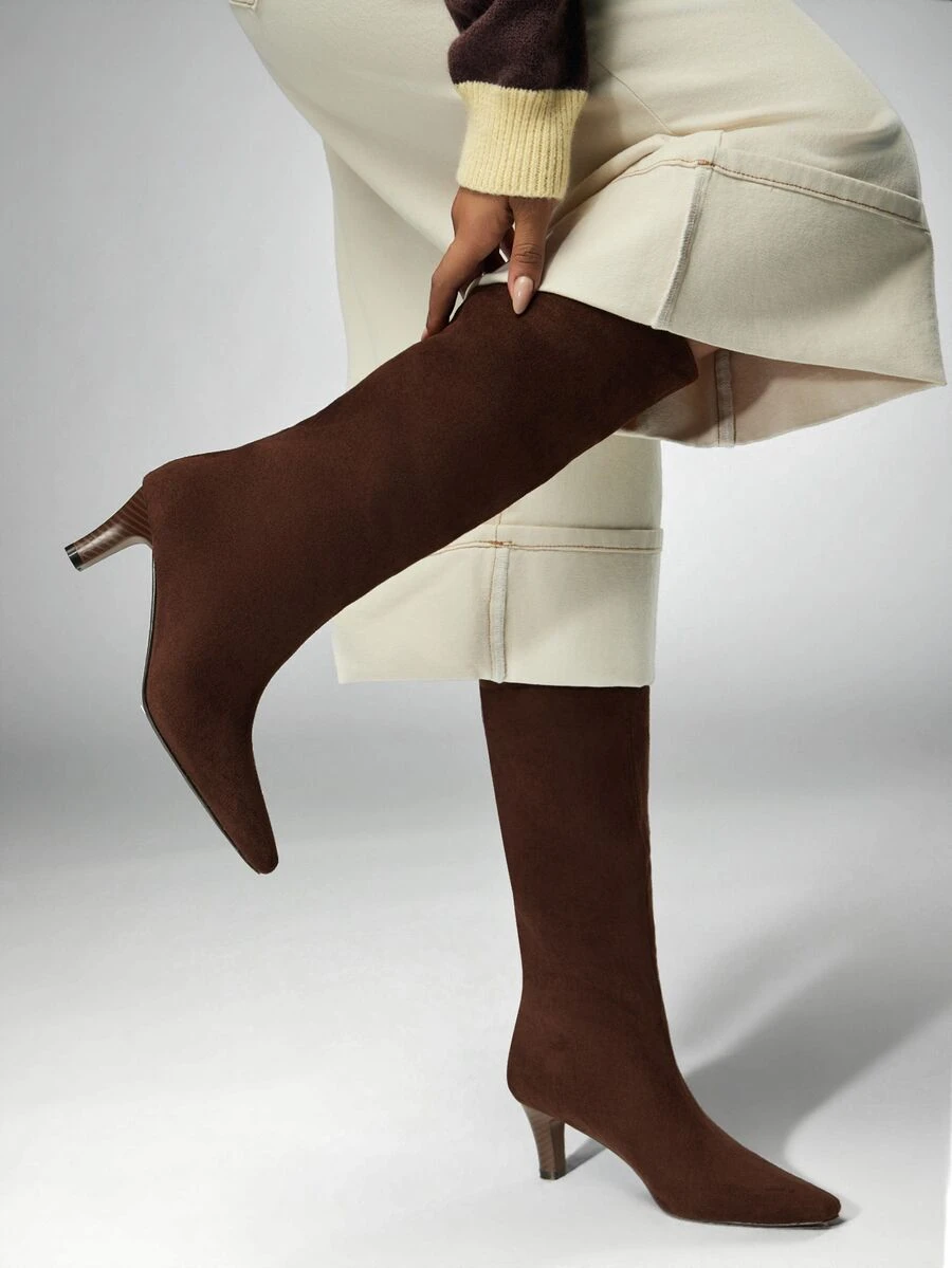 Denimoi Women's Casual Comfy Sexy Point Toe Kitten Heel Knee-High Boots - Coffee Brown - View 1
