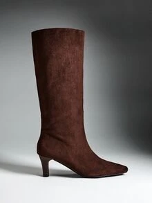 Denimoi Women's Casual Comfy Sexy Point Toe Kitten Heel Knee-High Boots - Coffee Brown - View 2