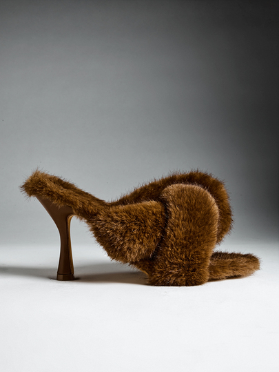 Denimoi Sleek Versatile Ladie's Coffee Puffy Twist Mule Fleece Heeled Sandal Cute Chic Sexy Holiday Spring Summer Holiday Nightclub Style Shoe