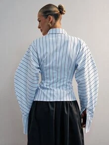 Hauture 時尚優雅通勤經典條紋翻領長袖繫帶女襯衫 - 淺藍色 - 查看 2