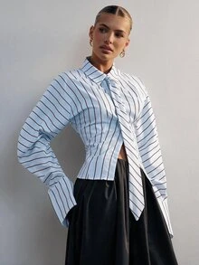 Hauture 時尚優雅通勤經典條紋翻領長袖繫帶女襯衫 - 淺藍色 - 查看 3