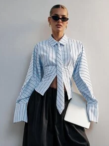 Hauture 時尚優雅通勤經典條紋翻領長袖繫帶女襯衫 - 淺藍色 - 查看 1