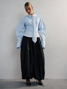 Hauture 時尚優雅通勤經典條紋翻領長袖繫帶女襯衫 - 淺藍色 - 查看 5