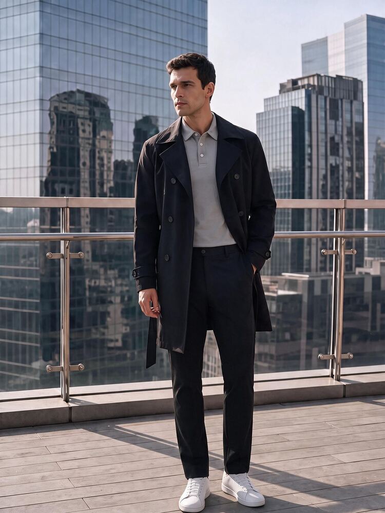 TekDrob Wind Resistant And Water Repellent Mid-Length Trench Coat - Black - View 8