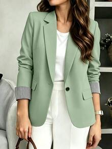 SHEIN PETITE CURVE 女款大尺碼拼接條紋時尚休閒通勤西裝外套 辦公正式款 鼠尾草綠 秋季 - 綠色 - 查看 8