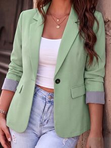 SHEIN PETITE CURVE 女款大尺碼拼接條紋時尚休閒通勤西裝外套 辦公正式款 鼠尾草綠 秋季 - 綠色 - 查看 1