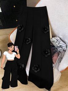 SHEIN Clasi Plus Size Women's Fashion Commuter Versatile Floral Decor Color Block Straight Leg Suit Pants - Black - View 7