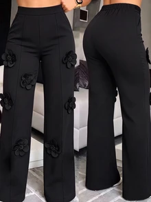 SHEIN Clasi Plus Size Women's Fashion Commuter Versatile Floral Decor Color Block Straight Leg Suit Pants - Black - View 1