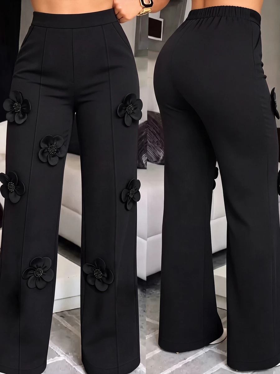 SHEIN Clasi Plus Size Women's Fashion Commuter Versatile Floral Decor Color Block Straight Leg Suit Pants - Black - View 1