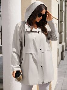 Rosumi Plus Size Women's Single-Breasted Hooded Trench Coat,Plain Grey,Autumn,Casual,Hiking Long Sleeve Minimalist Solid Color Jacket For Fall,Spring&Outdoor - Khaki - View 5