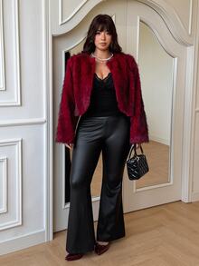 GalTyme Plus Size Women Solid Color Fashion Versatile Winter Faux Fur Coat - Burgundy - View 5