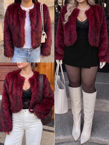 GalTyme Plus Size Women Solid Color Fashion Versatile Winter Faux Fur Coat - Burgundy - View 2