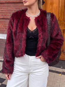 GalTyme Plus Size Women Solid Color Fashion Versatile Winter Faux Fur Coat - Burgundy - View 3