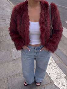 GalTyme Plus Size Women Solid Color Fashion Versatile Winter Faux Fur Coat - Burgundy - View 4