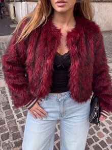 GalTyme Plus Size Women Solid Color Fashion Versatile Winter Faux Fur Coat - Burgundy - View 1