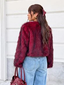GalTyme Plus Size Women Solid Color Fashion Versatile Winter Faux Fur Coat - Burgundy - View 6
