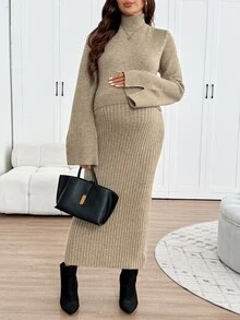 SHEIN Maternity Solid Color Turtleneck Long Sleeve Sweater And Adjustable Waist Knit Skirt Set Winter - Khaki - View 6