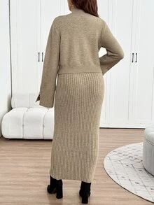 SHEIN Maternity Solid Color Turtleneck Long Sleeve Sweater And Adjustable Waist Knit Skirt Set Winter - Khaki - View 2