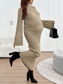 SHEIN Maternity Solid Color Turtleneck Long Sleeve Sweater And Adjustable Waist Knit Skirt Set Winter - Khaki - View 1