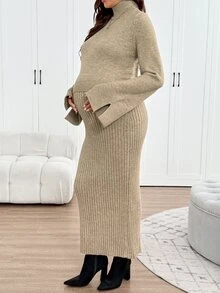 SHEIN Maternity Solid Color Turtleneck Long Sleeve Sweater And Adjustable Waist Knit Skirt Set Winter - Khaki - View 4
