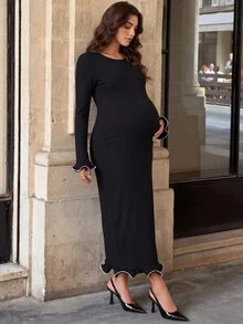MaterniWear فستان أنيق للحوامل للتنقل اليومي مع حواف متباينة للخريف - الأسود - مشاهدة 2