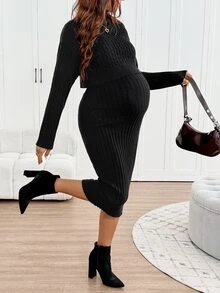 SHEIN Maternity Autumn/Winter Casual Solid Color High Neck Knit Sweater Dress Set,Autumn And Winter,Autumn - Black - View 1