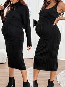 SHEIN Maternity Autumn/Winter Casual Solid Color High Neck Knit Sweater Dress Set,Autumn And Winter,Autumn - Black - View 3