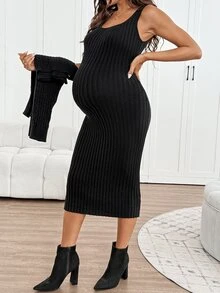 SHEIN Maternity Autumn/Winter Casual Solid Color High Neck Knit Sweater Dress Set,Autumn And Winter,Autumn - Black - View 2