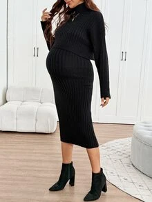 SHEIN Maternity Autumn/Winter Casual Solid Color High Neck Knit Sweater Dress Set,Autumn And Winter,Autumn - Black - View 7