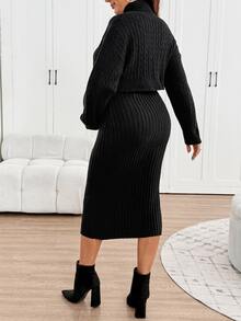 SHEIN Maternity Autumn/Winter Casual Solid Color High Neck Knit Sweater Dress Set,Autumn And Winter,Autumn - Black - View 4