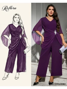 Reflora Jumpsuit Kasual Sehari-hari Wanita Ukuran Besar Model Leher V dengan Hiasan Berlian Imitasi untuk Musim Gugur - Purple - View 2