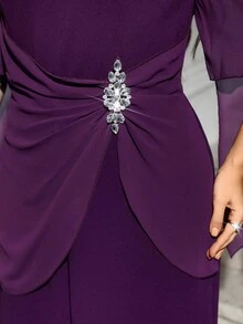 Reflora Jumpsuit Kasual Sehari-hari Wanita Ukuran Besar Model Leher V dengan Hiasan Berlian Imitasi untuk Musim Gugur - Purple - View 6