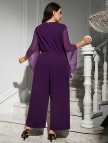 Reflora Jumpsuit Kasual Sehari-hari Wanita Ukuran Besar Model Leher V dengan Hiasan Berlian Imitasi untuk Musim Gugur - Purple - View 3