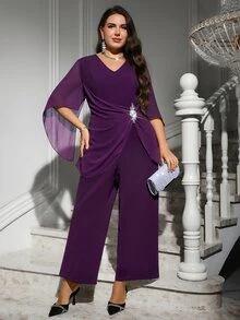 Reflora Jumpsuit Kasual Sehari-hari Wanita Ukuran Besar Model Leher V dengan Hiasan Berlian Imitasi untuk Musim Gugur - Purple - View 7
