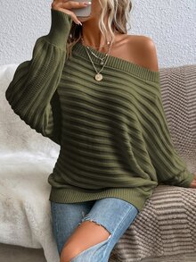 EMERY ROSE Boat Neck Batwing Sleeve Textured Knit Sweater,Long Sleeve Tops,Off The Shoulder Sweater In Fall/Winter - Army Green - View 5