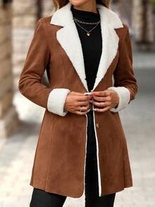 SHEIN Clasi Composite Thermal Lined Warm Waist-Cinched Jacket Everyday Travel Brown And White Winter Casual Elegant - Khaki - View 5