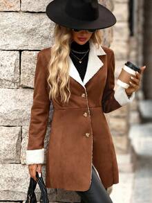 SHEIN Clasi Composite Thermal Lined Warm Waist-Cinched Jacket Everyday Travel Brown And White Winter Casual Elegant - Khaki - View 6
