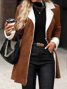 SHEIN Clasi Composite Thermal Lined Warm Waist-Cinched Jacket Everyday Travel Brown And White Winter Casual Elegant - Khaki - View 3