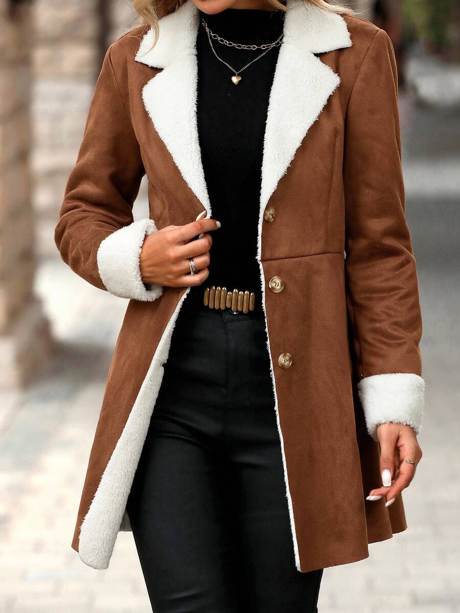 SHEIN Clasi Composite Thermal Lined Warm Waist-Cinched Jacket Everyday Travel Brown And White Winter Casual Elegant - Khaki - View 1
