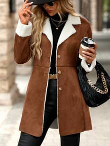 SHEIN Clasi Composite Thermal Lined Warm Waist-Cinched Jacket Everyday Travel Brown And White Winter Casual Elegant - Khaki - View 4