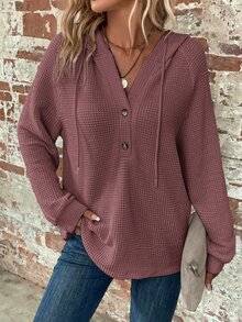 EMERY ROSE Women's Solid Color Front Button Long Sleeve Casual Hooded T-Shirt , Graduation, Teacher For Women, Back To School In Fall, Winter - Dusty Pink - View 6