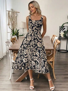 EMERY ROSE Women's Black Mid-Length Sleeveless Dress, Summer Holiday Women Vacation Elegant Tropical Midi Vacation Brunch - Khaki - View 4